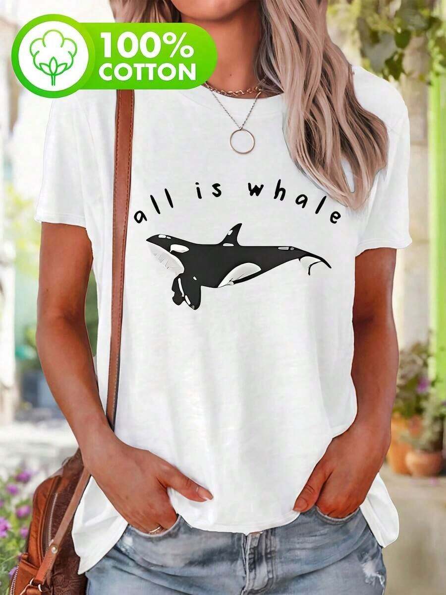 ComfortableCamiseta Casual de Talla Grande para Mujer en Verde Menta - Top Suave con Gráfico de Bal y Texto All Is Whale - Ropa Marina Transpirable y Lavable a Máquina, Algodón Puro para Tod