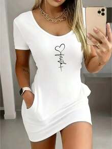 Vestido corto de mujer con patrón de corazón sexy, de manga corta, adecuado para uso casual, fiesta negra y elegante en verano - Blanco - Ver 1