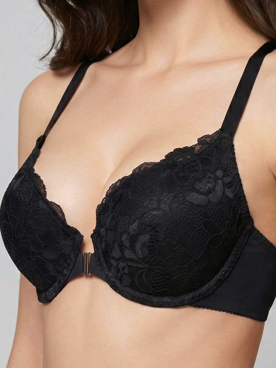 女士时尚蕾丝露背前扣式聚拢文胸 - 黑色 - 查看 1