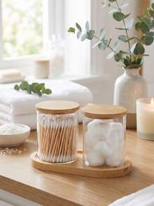 Pote de Armazenamento de Cotonetes/Bolas de Algodão/Almofadas de Algodão de 10 Onças (Conjunto de 1/2/3 Peças) - Frasco de Armazenamento de Estilo Farmacêutico para Cotonetes com Tampa de Bambu | Organizador de Banheiro Transparente - Multicolorido - Visão 4