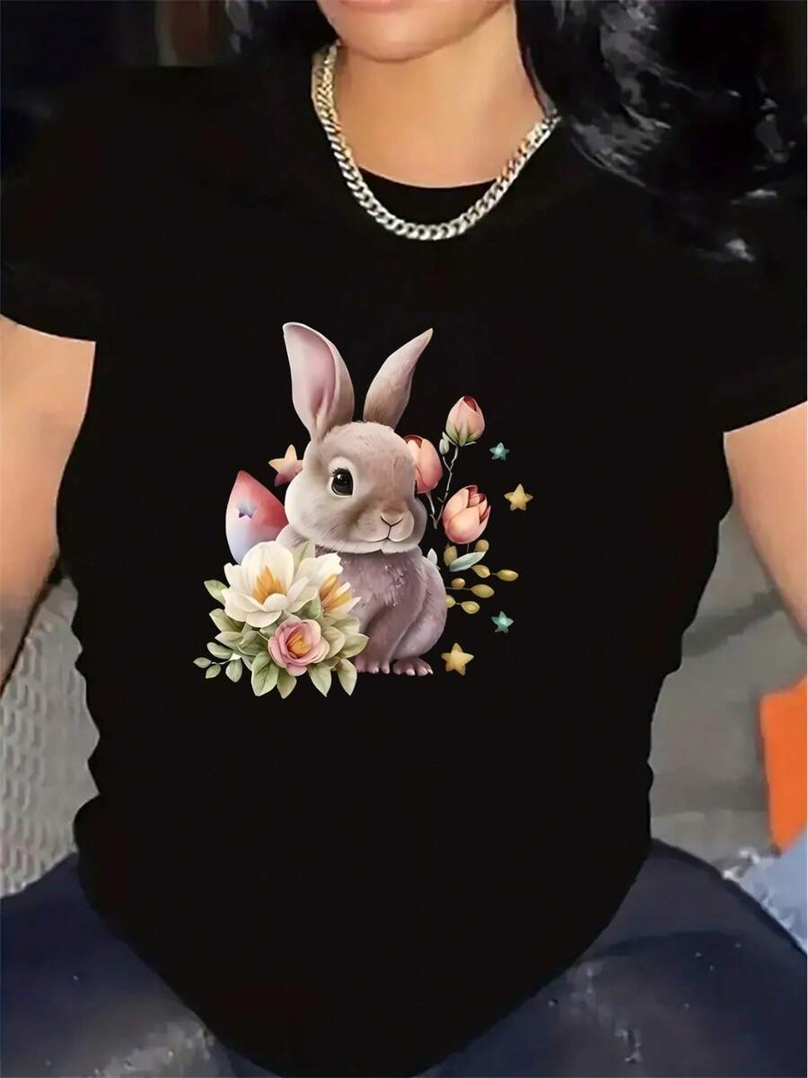 Camiseta suave 100% algodón de manga corta con diseño de lindo conejo y flores. | Hecha de fibra, ligera y duradera, perfecta para uso casual en casa o en el restaurante, ajuste cómodo para uso diario, cuello redondo, tela de elasticidad media, camiseta de algodón transpirable, combina con todo. - Negro - Ver 1