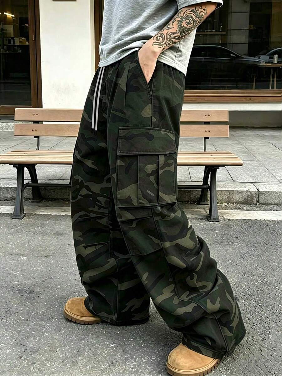 Pantalones cargo casuales y de exterior para hombres, pantalones de trabajo con estampado de camuflaje de moda, para primavera/otoño - Verde militar - Ver 1