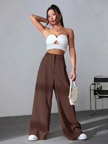 Pantalones casuales y versátiles de cintura alta con pierna ancha de unicolor - Marrón - Ver 3
