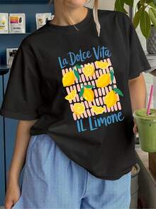 [Women's Italian Lemon Print T-Shirt] Casual And  T-Shirt With A Lemon Print, Adorned With The Text 'La Dolce Vita', Soft | Crew Neck | Short Sleeves | 100% Soft | All-Season Top | Fashionable | Quick-Drying | Shirt | Gift - Black - View 1