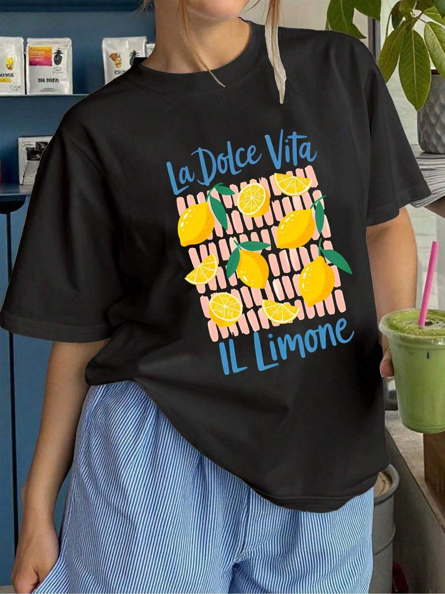 [Women's Italian Lemon Print T-Shirt] Casual And  T-Shirt With A Lemon Print, Adorned With The Text 'La Dolce Vita', Soft | Crew Neck | Short Sleeves | 100% Soft | All-Season Top | Fashionable | Quick-Drying | Shirt | Gift - Black - View 1