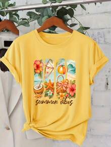 Women's Short-Sleeve "Summer Vibes" Series - Tropical Beach Print - Summer Print - Crew Neck - Casual Fashion - Vintage Style For Everyday Wear - Autumn And Winter Clothing - Women's Short-Sleeve T-Shirt - Casual, Fresh, Cute, Elegant - Women's Top - Sporty Style - Crew Neck - White - View 9