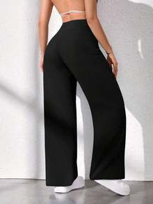 Pantalones rectos sueltos de cintura alta de unicolor casual para mujer, negro - Negro - Ver 2