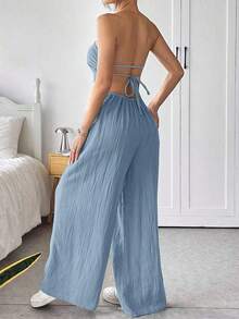 Mono de pierna ancha informal de mujer de talla grande, de algodón, con tirantes finos y espalda descubierta, para verano - Azul - Ver 3
