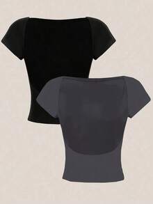 2 piezas Camiseta corta y ajustada casual de mujer con cuello redondo y espalda descubierta, para verano - Multicolor 14 - Ver 7