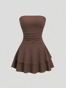 Vestido mini de punto sin tirantes de unicolor minimalista para mujer, vestido de pastel de múltiples capas - Marrón Mocha - Ver 3