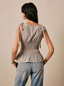 Blusa de cuadros verdes con cuello redondo, cintura con lazo y volantes en el bajo, hombros con lazo, para verano, tops de mujer, tops de verano, tops de concierto, tops de playa, tops con volantes, tops con lazo delantero, tops bohemios, tops de - Caqui - Ver 6