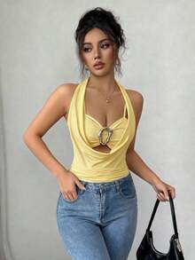 Camiseta de tirantes ajustada con cuello drapeado elegante de color negro, diseño fruncido y decoración metálica, para primavera/verano - Amarillo - Ver 4