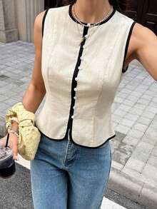 Camisa sin mangas minimalista de color contrastante para mujer, uso casual diario - Albaricoque - Ver 6
