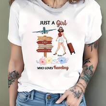 Casual Sports T-Shirt With Travel Elements Print, Short Sleeve, Round Neck, Comfortable Top, Women's Clothing, Cotton T-Shirt - 白色 - 查看 7