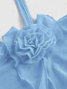 Vestido de malla elástica de punto para mujeres con decoración floral, volantes sin mangas en color lila - Azul - Ver 3