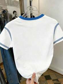 Blusa casual de cuello redondo con patrón de volantes y lazo asimétrico de color contrastante, adecuada para uso diario casual - Niebla azul 2 - Ver 2