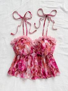 Blusa corta de gasa con estampado de flores y efecto tie-dye, adecuada para vacaciones, citas, té de la tarde, playa, cruceros, vacaciones en la ciudad, todas las estaciones, festivales de música, vacaciones bohemias - Rosa Fucsia - Ver 6