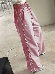 Pantalones casuales de pierna ancha con cordón en contraste y ribeteamionto - Rosa - Ver 5