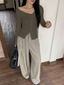 Blusa casual de mujer de punto acanalado con botones y manga corta - Camel - Ver 4