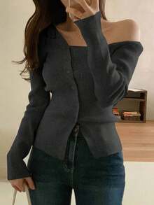 Blusa casual de mujer de punto acanalado con botones y manga corta - Gris Oscuro - Ver 1