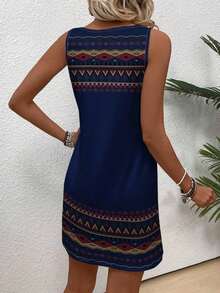 Vestido casual de mujer sin mangas con estampado geométrico - Azul marino - Ver 2