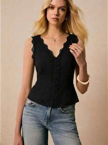 Camiseta sin espalda con escote en V, encaje y parches con estampado floral pequeño, estilo casual de verano y vacaciones - Negro - Ver 6