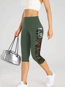Pantalones cortos de Yoga de cintura alta, mallas con bolsillos, deportes, Fitness, pantalones de Yoga ajustados informales, mallas Capri de punto de malla cruzada lateral - junlv - Ver 1