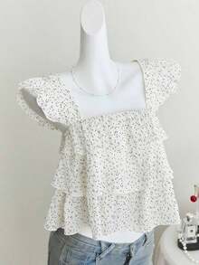 Blusa de mujer con patrón de cuadros arrugados, lunares negros, diseño suelto de mangas con volantes - Blanco - Ver 6
