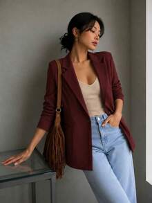 FASHION MO FEMININE- MK0254, Women's Blazer, Suit Jacket, Fitted, Elegant, Formal, Modern, Valentine's Day SHE(IN) - 酒紅色 - 查看 4