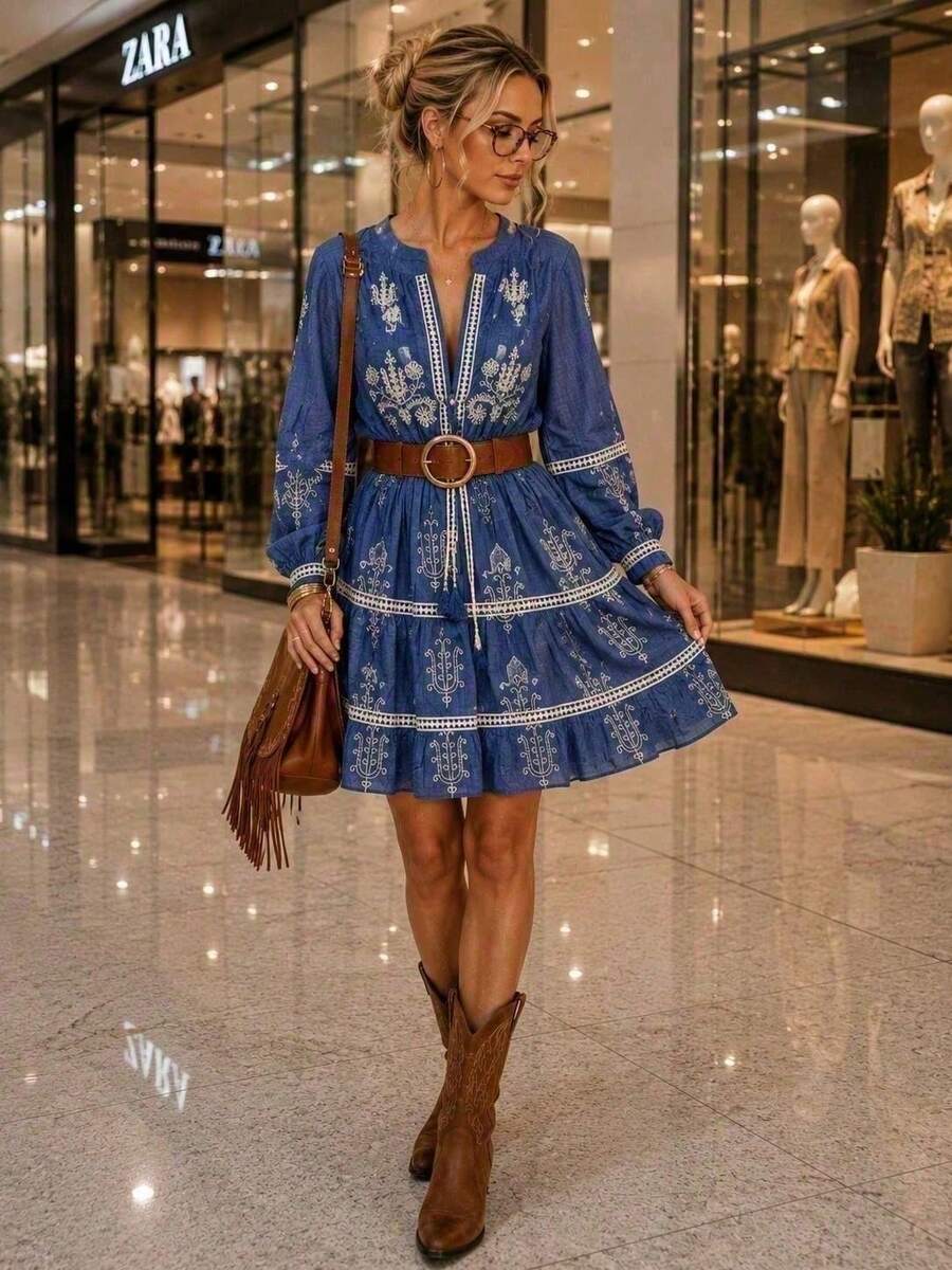 Elegant Short Women's Dress With Embroidered -Style Pointed Hem, Ideal For The Beach, Parties, Leisure, And Christmas. - Azul claro - Xem 1