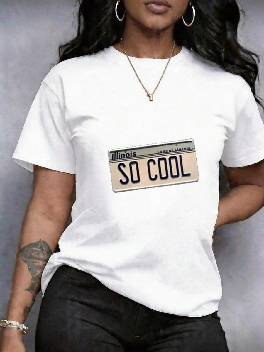 Camiseta para Mujer Estampado Integral de Dibujos Animados, que incluye placa de matrícula texto "Illinois", texto "Land of Lincoln" y texto "SO COOL", de Cuello Redondo, manga corta, Talla grande camiseta en Tallas Grandes, estilo Deportiva, deportiva casual, Uso Casual para salidas casuales en diario casual, Vintage Estampado, prenda cómoda Ajuste Cómodo, Transpirable Lavable y de Alta Calidad - Blanco - Ver 1