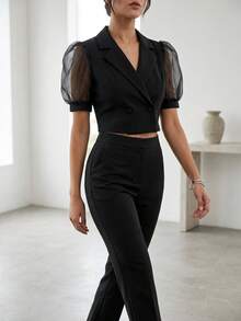 Conjunto de 2 piezas elegante, Traje para mujer blazer corto con mangas abullonadas y pantalón recto, traje formal y casual ideal para oficina o trabajo, eventos y reuniones, diseño moderno - Negro - Ver 6