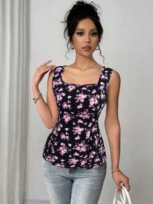 Camisa sin mangas para mujer con cuello mao y corbata plegable de tela estampada - Negro - Ver 7