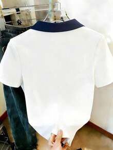 Camiseta de manga corta con media cremallera y estampado de letras casual para mujer, de verano - Multicolor 2 - Ver 2