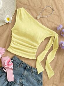 Top ajustado y fluido con tirantes asimétricos y hombros descubiertos en color amarillo claro, adecuado para fiestas, vacaciones, festivales de música, estilo bohemio, citas, tardes de té - amarillo ganso - Ver 4
