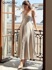 Vestido midi elegante de mujer con cuello en V, vestido de tirantes de mezcla de lino con corte evasé y espalda descubierta, adecuado para vacaciones, playa, boda, fiesta de cóctel - Blanco marfil - Ver 2
