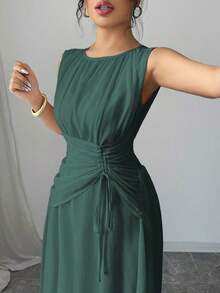 Vestido maxi casual, romántico, vintage y elegante de gasa para mujer con cordón en la cintura, para la playa, el té de la tarde, fiestas de noche, uso diario, sin mangas, de unicolor, vestido largo, primavera/verano - Verde Oscuro - Ver 6