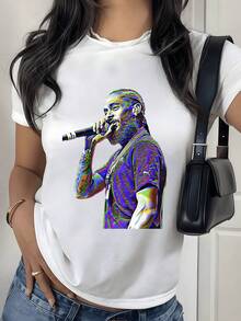 Figura artística de cantante con micrófono representando energía creatividad y libertad en tonos vibrantes camiseta de mujer moderna confortable ideal para expresar pasión musical - Blanco - Ver 8