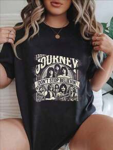 Women's Casual Short Sleeve T-Shirt - Vintage Journey Band Members Don't Stop Believin' Design, Crew Neck, Summer Top, Machine Washable, Ladies' T-Shirts, Casual Wear, Modern Style, Comfortable Fit
-White - 黑色 - 查看 7