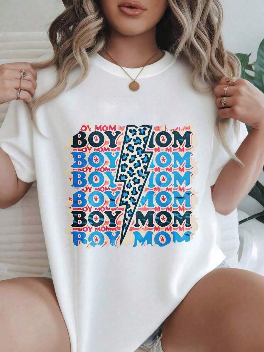 Women's Casual Short-Sleeve T-Shirt - "Boy Mom" Design With Lightning Bolt And Colorful Text, Round Neck, Summer Top, Machine Washable, Ladies' T-Shirts, Casual Wear, Modern Style, Comfortable Fit
Black - 白色 - 查看 1