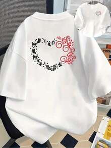 Plus Size Women's Short Sleeve T-Shirt - Casual Basic Loose Fit T-Shirt, Stylish Polyester Tops, Printed Short Sleeve T-Shirt With Front And Back Designs - Butterfly Heart Shape, Love - Spring/Summer Printed T-Shirt For Women, Your Best Choice! Breathable And Comfortable - 白色 - 查看 1