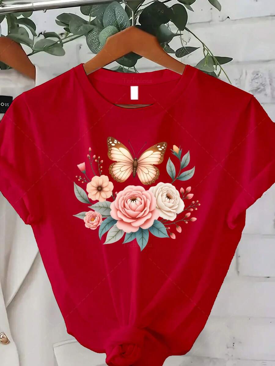 Classic Plus Size - Plus Size - Modern Design T-Shirt, Suitable For Plus-Size Women, With A Butterfly And Flower Print, Perfect For Casual Summer Wear. This Short-Sleeved, Crew-Neck T-Shirt In A Bohemian Style Is An Ideal Choice For Summer And Fall. A Bestseller. - 紅色 - 查看 1