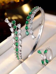 2pcs Elegant Rhinestone Water Drop Bracelet And Ring Set, Suitable For Workplace, Gala, Party And Formal Occasions - Bracelet Ring Set - View 5