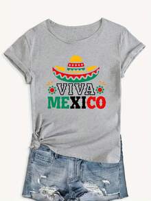 Camiseta de edición limitada con diseño de sombrero mexicano - Tejido de punto% poliéster, cuello redondo informal, elasticidad media, diseño de sombrero de dibujos animados, adecuada para adultos en verano. Algodón ligero. - Verde - Ver 10