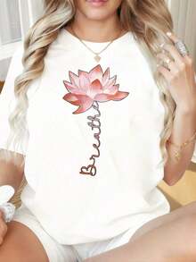Camisetas de manga corta para mujer, camiseta de cuello redondo, 100% algodón, con estampado divertido de flor de loto negra, camiseta holgada informal para mujer, ropa de yoga, camiseta cómoda y suave de algodón para uso diario, adecuada para el Día de San Valentín, Navidad, fiestas, actividades deportivas, vacaciones, salidas, deportes y otros regalos navideños. - Blanco - Ver 4