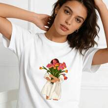 Tops para mujer Casual de Manga Corta para Mujer WXM% Algodón (Estampado Floral Encantador y Gráfico de Chica) - s Estampadas / Tops para Mujer - Casual Negra: Estilo Urbano y para Fiestas - para Uso Diario; Manga corta, cuello redondo, corte regular - El regalo perfecto para cumpleaños o días festivos - Hermoso estilo de verano: Ropa de verano para mujer - Blanco - Ver 2