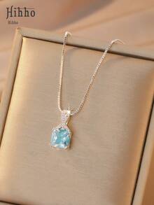 Hihho 1pc Refreshing Luxury Necklace, Ice Blue, Lime Green, White Crystal Styles, Versatile For Daily, Commute, Date, Vacation Outfits - Silver - View 14