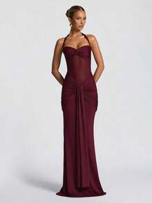 Vestido con tirantes finos, espalda descubierta, cintura ceñida y abertura alta, vestido de fiesta de vacaciones con parches de malla para boda - Rojo violeta - Ver 1