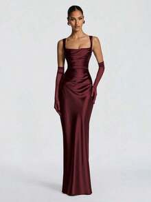 Red Satin Square Neck Maxi Dress, Ruched Bodycon Formal Evening Gown With Gloves - Burgundy - View 6