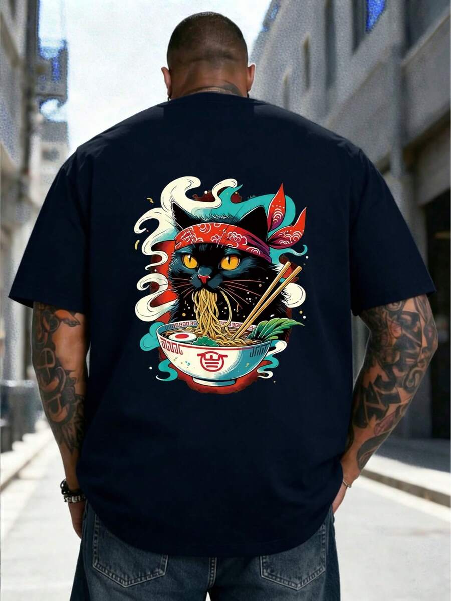 AnChiStreetwear - 大码男士时尚创意猫咪吃拉面印花休闲短袖T恤,适合街头穿搭、户外活动和日常通勤。 - 藏蓝色 - 查看 1